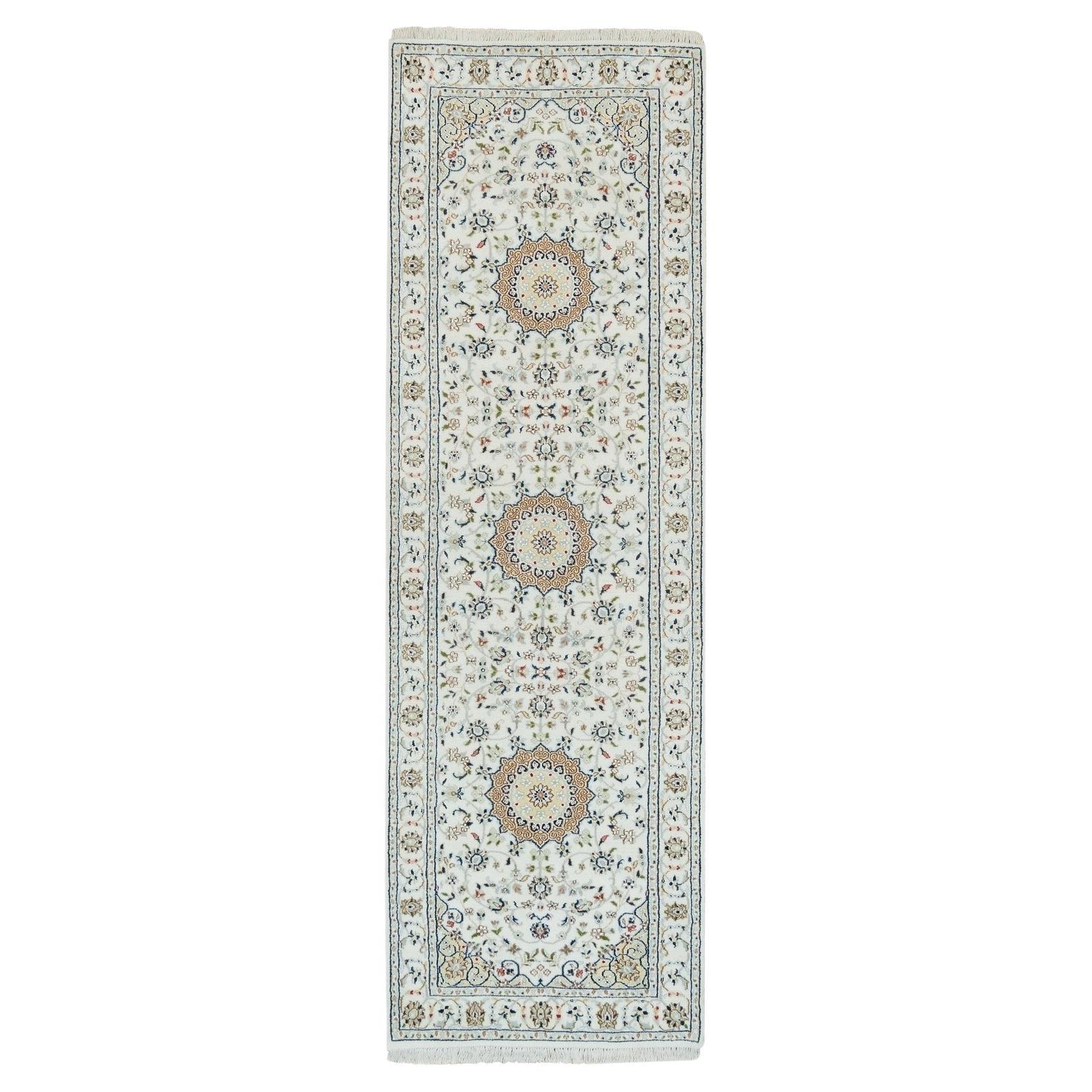 2'6"x8'2" White, Hand Knotted, Nain Design, 250 KPSI Organic Wool Runner Rug