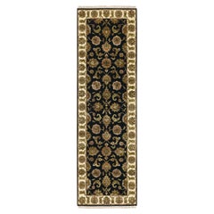 Tappeto Runner in lana e seta annodato a mano con design a foglie del Rajasthan nero 2'6 "x8'3"