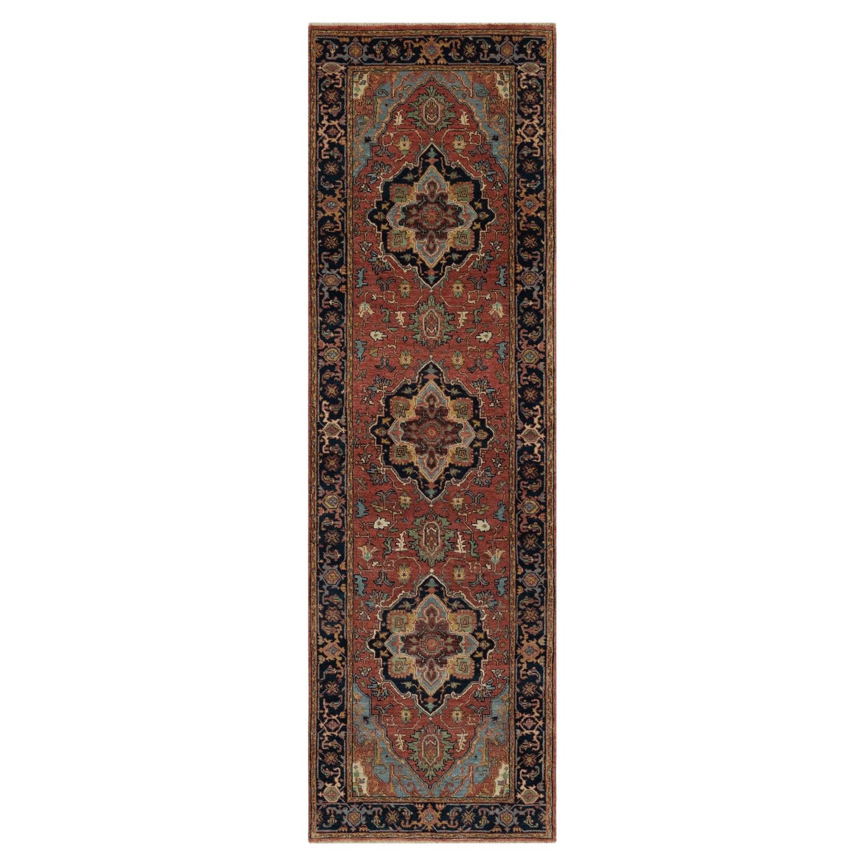 2'6"x8'3" Brick Red Antiqued Fine Heriz Re-Creation Hand Knotted Wool Runner Rug