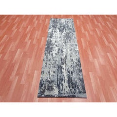 2'6"x8'3"  Gray Abstract Design, Wool and Silk, Hand Knotted Runner Rug