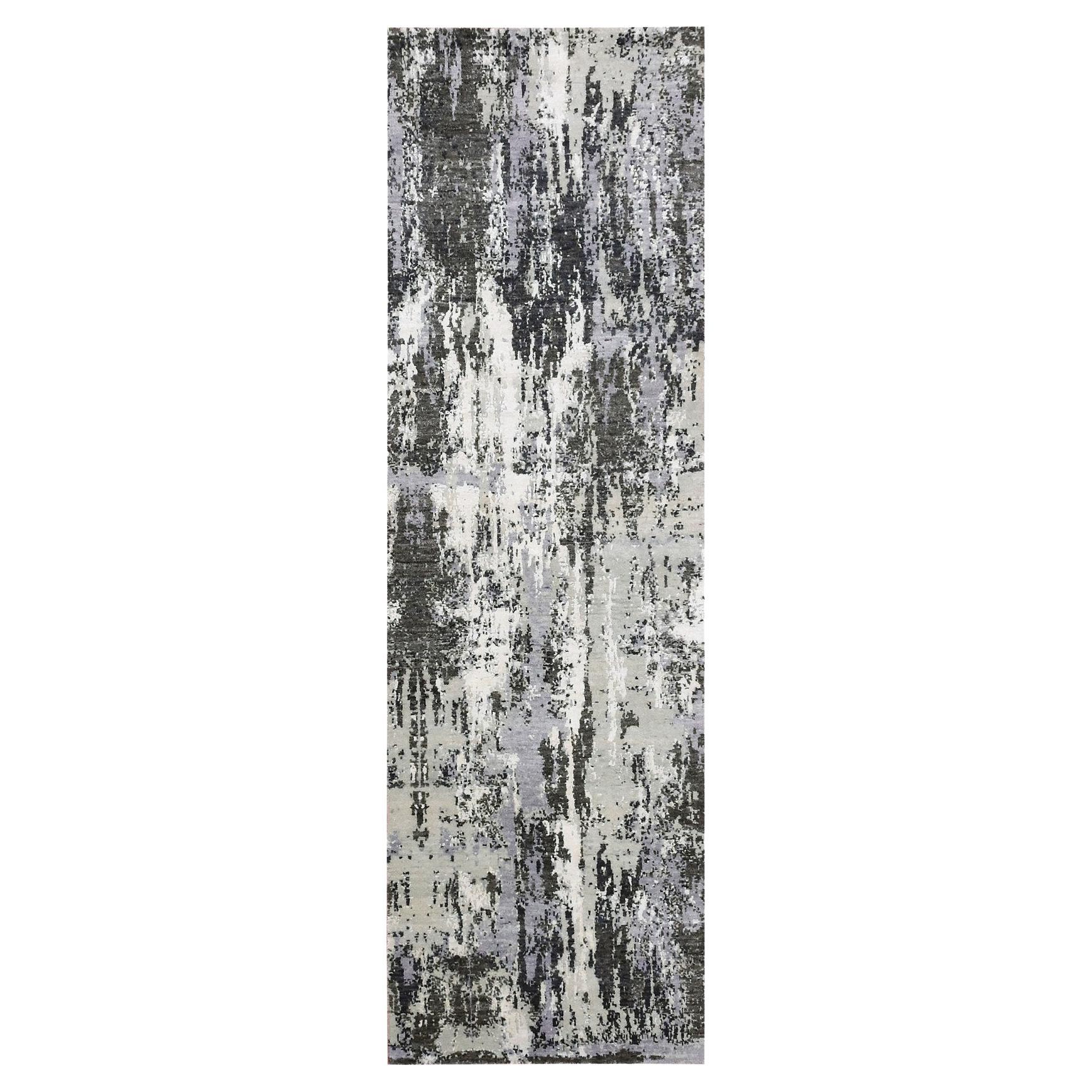 2'6"x8'3"  Gray Abstract Design, Wool and Silk, Hand Knotted Runner Rug