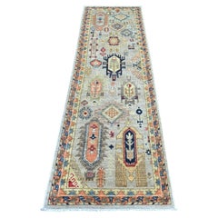 2'6 "x8'3" Grau Kaukasisch Design Revival Hand geknüpft Wolle Läufer Orientteppich