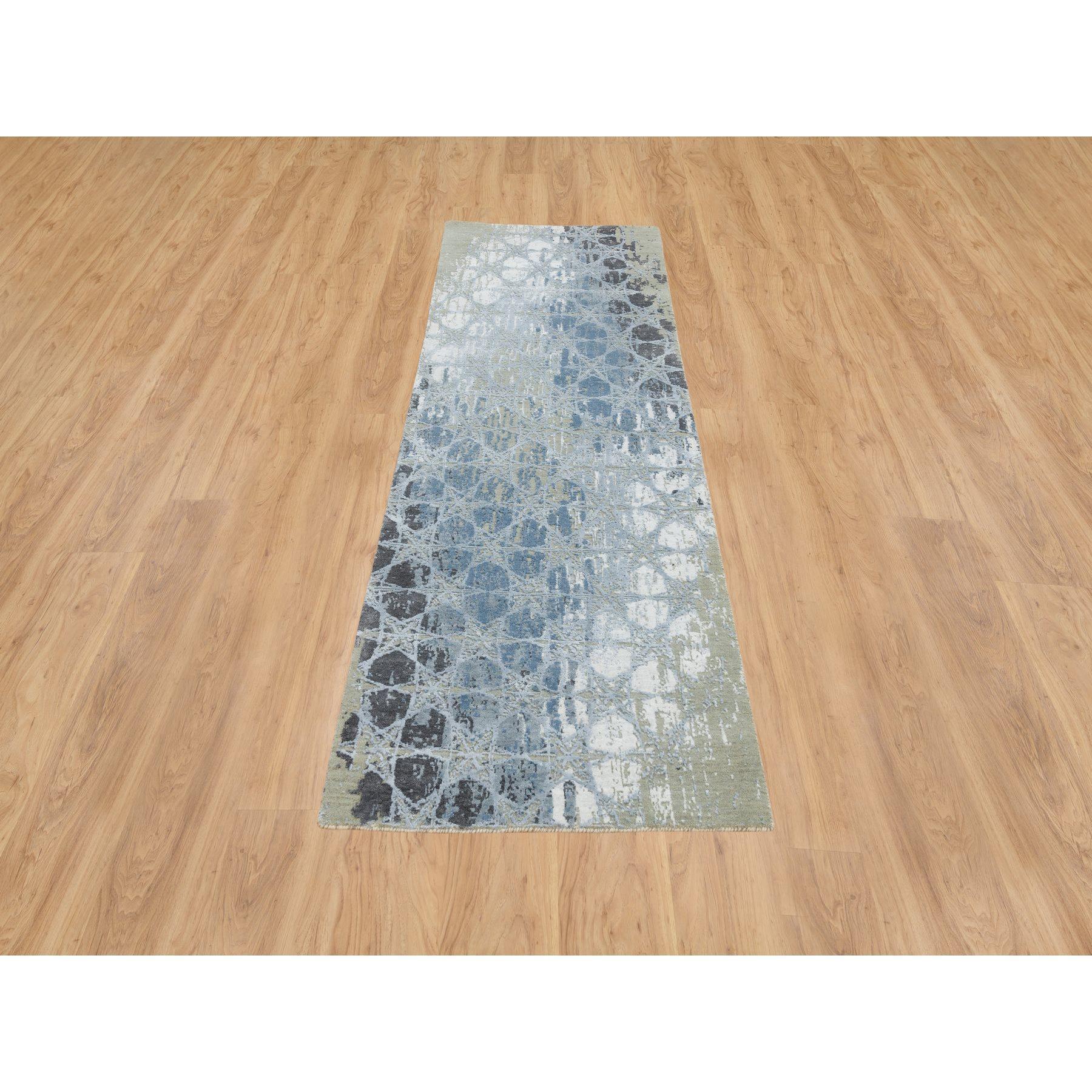 This is a truly genuine one-of-a-kind Gray and Blue, Hand Knotted Wool and Silk, THE HONEYCOMB Award Winning Design, Runner Oriental Rug. It has been Knotted for months and months in the centuries-old weaving craftsmanship techniques by expert