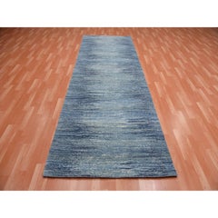 2'6"x8'4" Blue Horizontal Ombre Design Wool Runner Hand Knotted Oriental Rug