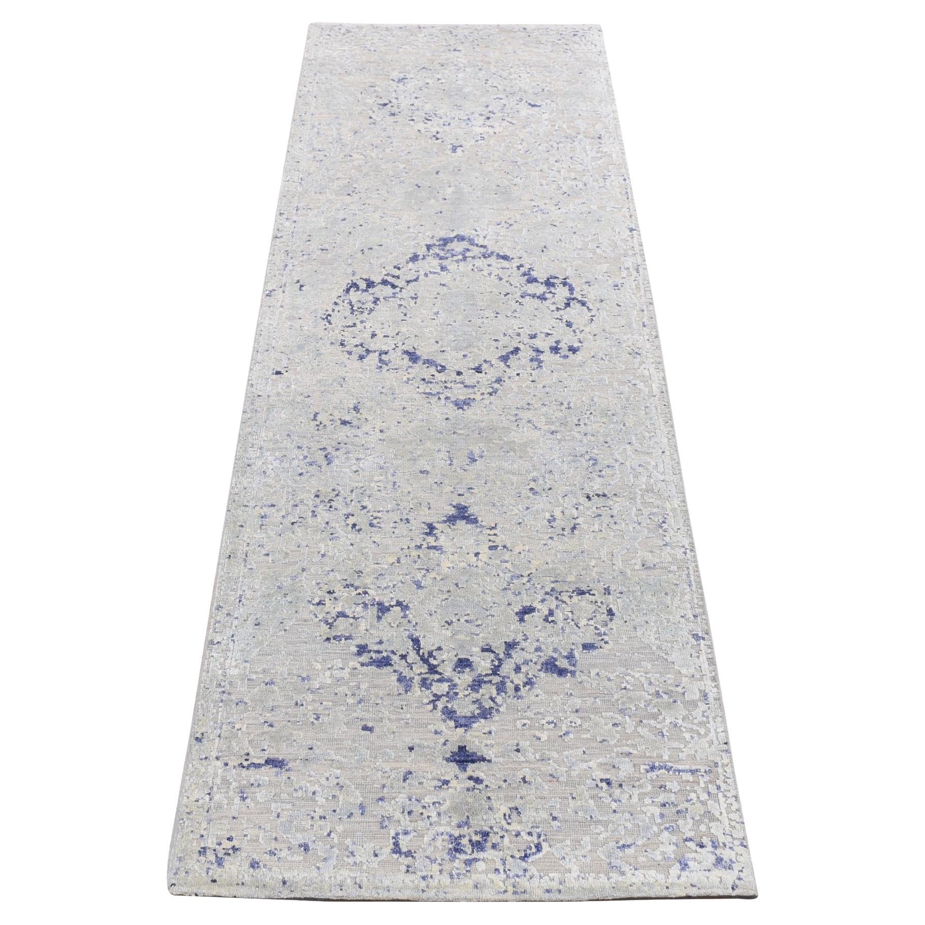 2'6"x8'5" Ash Gray, Cypress Tree Design Silk with Wool Hand Knotted Runner Rug