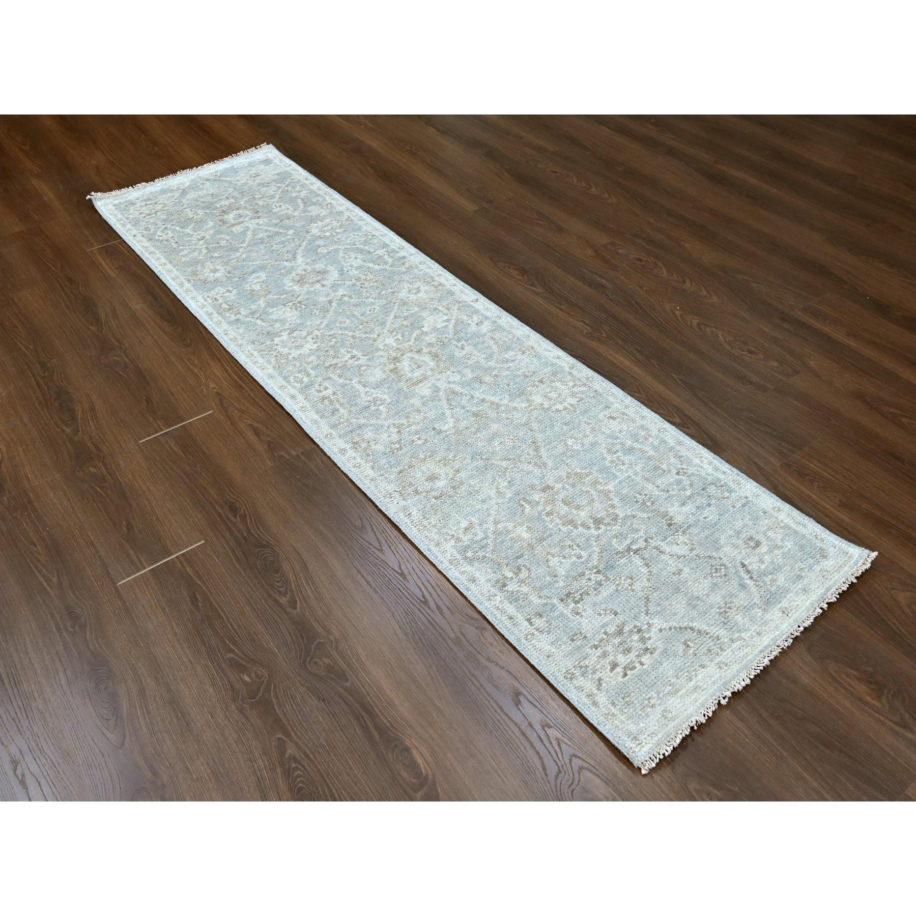 Oyster Gray, Supple Collection, Tone On Tone, Hand Knotted, Soft Vibrant Wool Pile, Plush and Lush, Oushak Design, Runner, Oriental Rug
Primary materials: Wool
Latex: No Pile 
height: 0.25 Inches
Style: Transitional
Primary color: Grey
Secondary