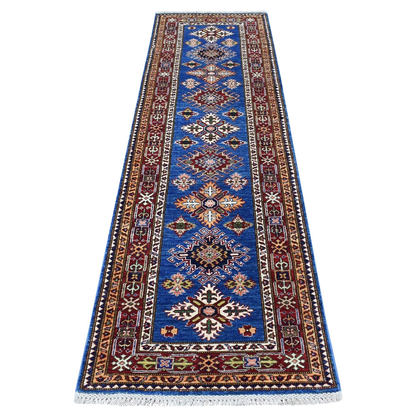 2'6"x8'8" Denim Blue Super Kazak Tribal Design Soft Wool Hand Knotted Rug