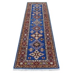 2'6"x8'8" Denim Blue Super Kazak Tribal Design Soft Wool Hand Knotted Rug