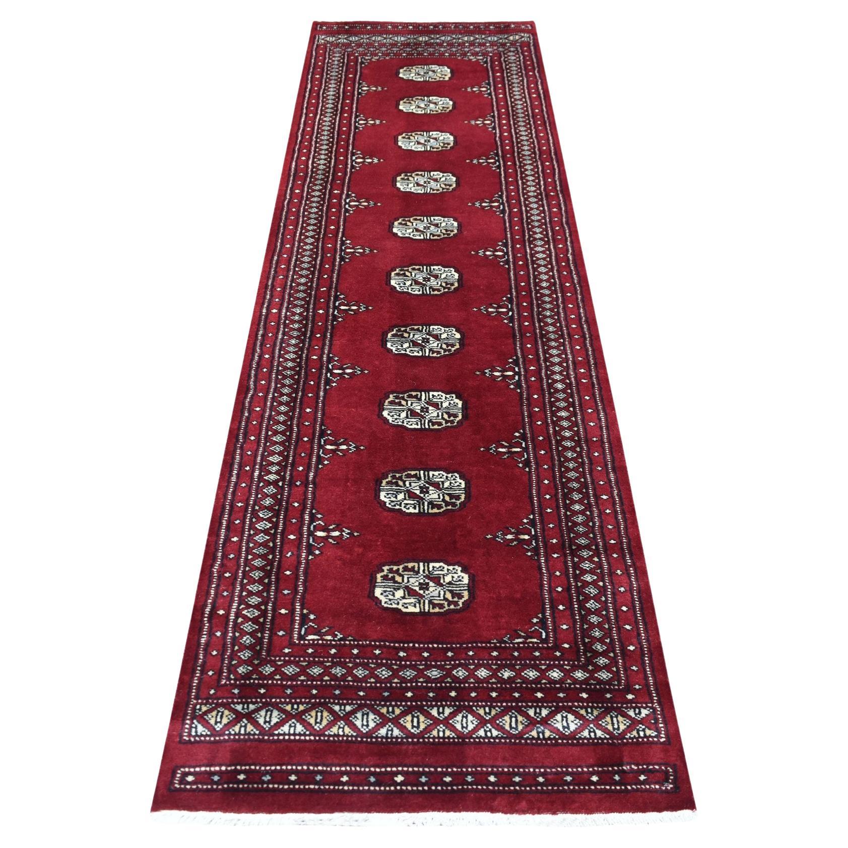 2'6"x9'1" Mori Bokara Deep and Rich Red Extra Soft Wool Hand Knotted Runner Rug For Sale