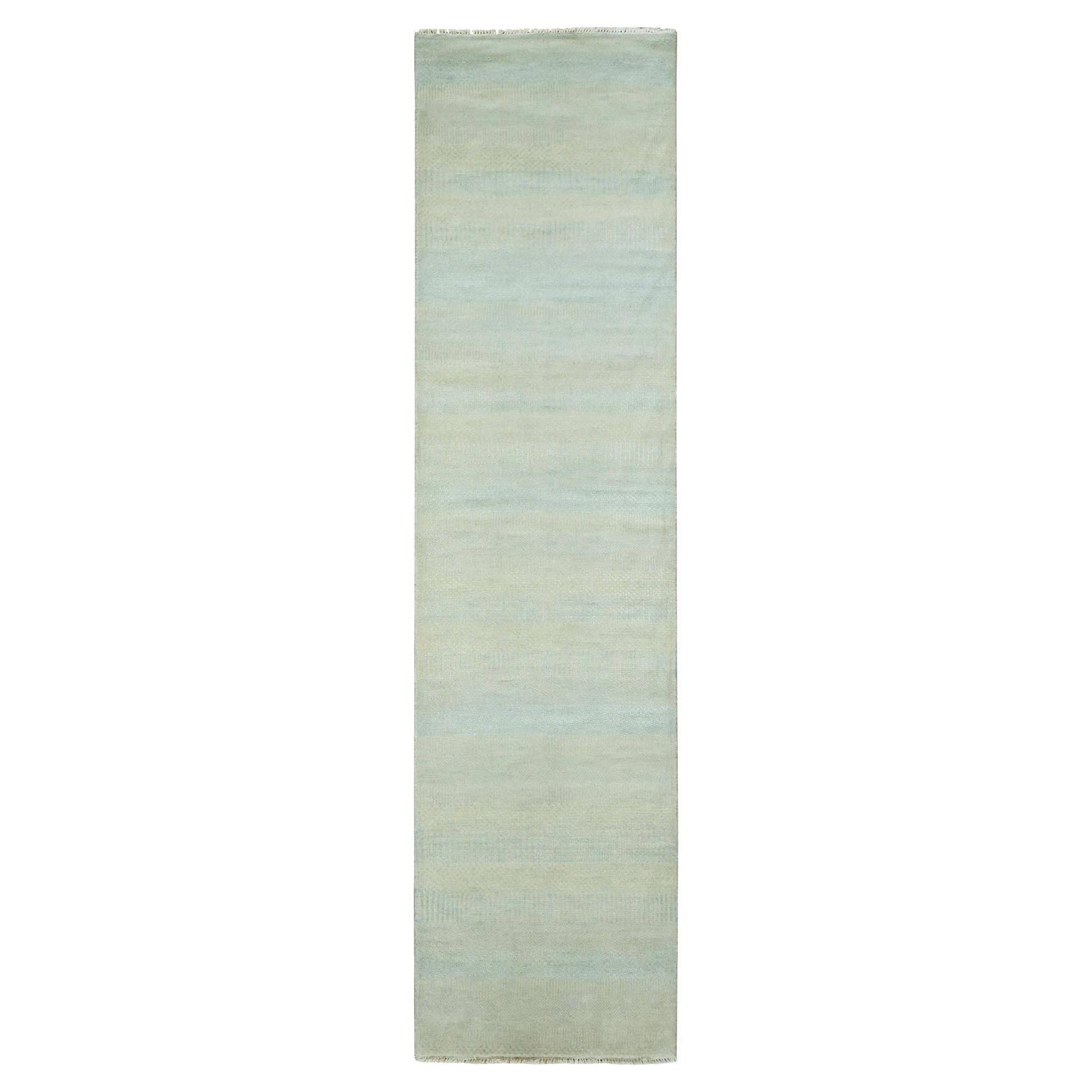 2'6 "x9'10" Alfombra de Pasarela Anudada a Mano de Lana y Seda Gabbeh con Diseño de Hierba Azul