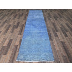 2'6"x9'10" Blue Overdyed Vintage Persian Tabriz Hand Knotted All Wool Runner Rug