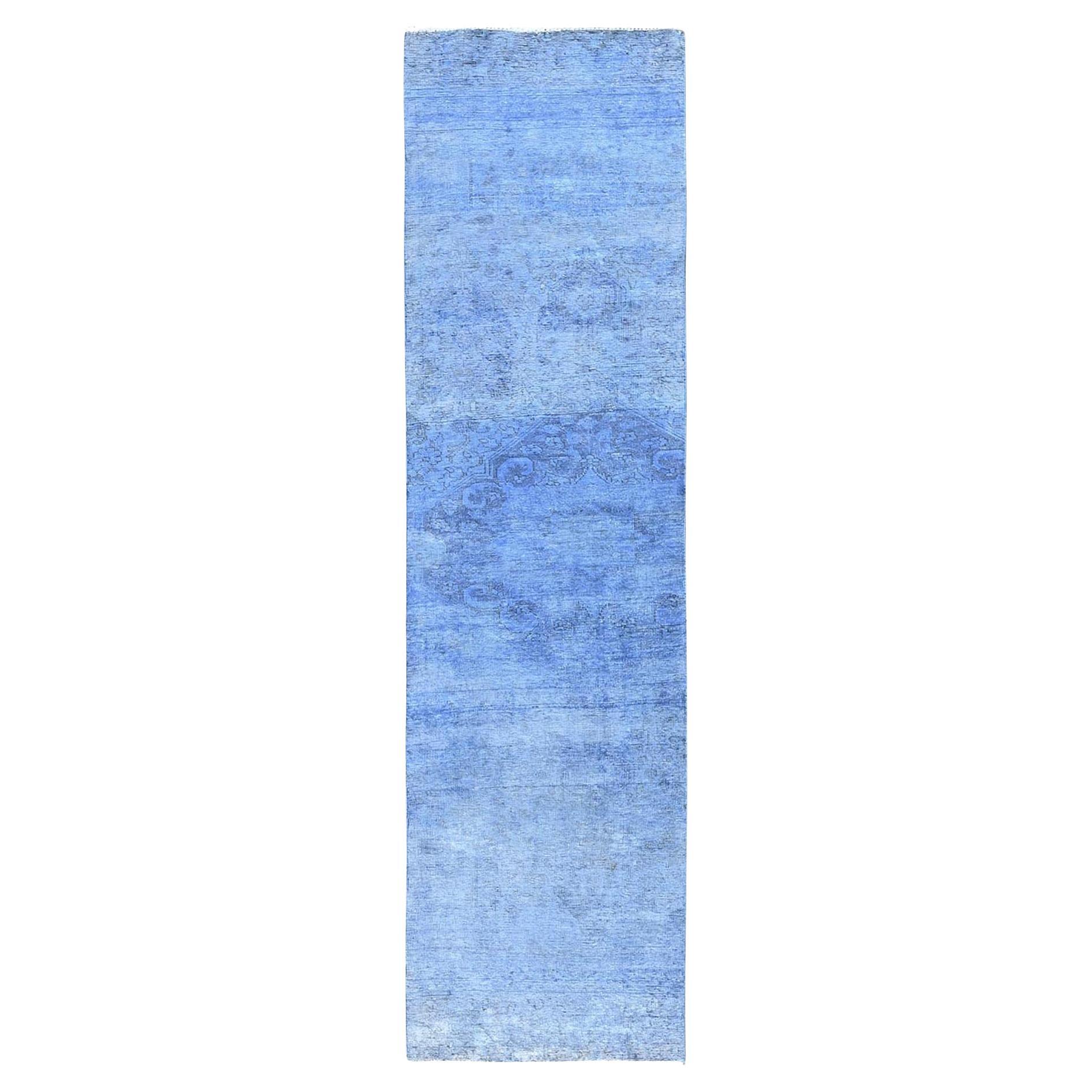2'6"x9'10" Blue Overdyed Vintage Persian Tabriz Hand Knotted All Wool Runner Rug