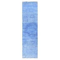Tappeto Runner Tabriz persiano vintage sovratinto blu, annodato a mano, interamente in lana