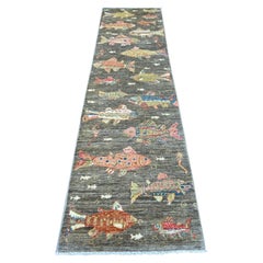 2'6 "x9'10" Braun Weiche Wolle Peshawar Oceanic Fish Design Hand geknüpft Läufer Teppich