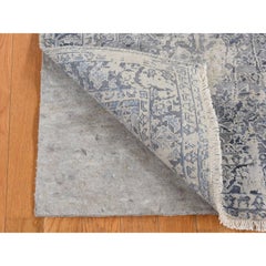 2'6"x9'10" Gray, Erased Kashan Design, Wool with Silk Hand Knotted Runner Rug