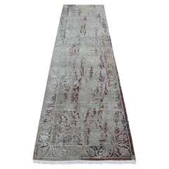 2'6"x9'10" Gray, Erased Tulip Design Silk with Wool Hand Knotted Runner Rug