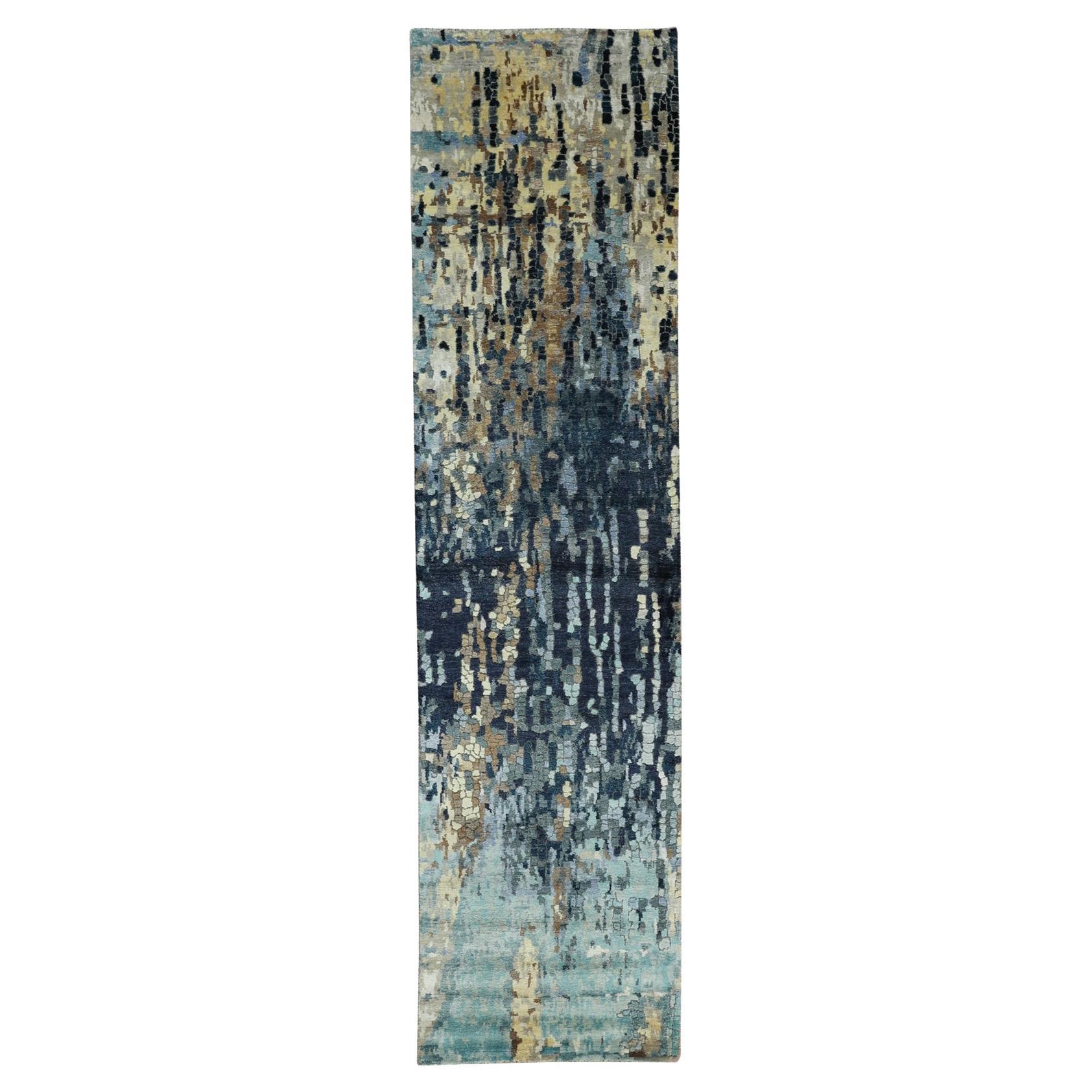 2'6"x9'10" Hand Knotted Blue Mosaic Design Wool and Silk Oriental Runner Rug