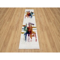 2'6"x9'10" Ivory Abstract Motifs Wool and Sari Silk Hand Knotted Runner Rug