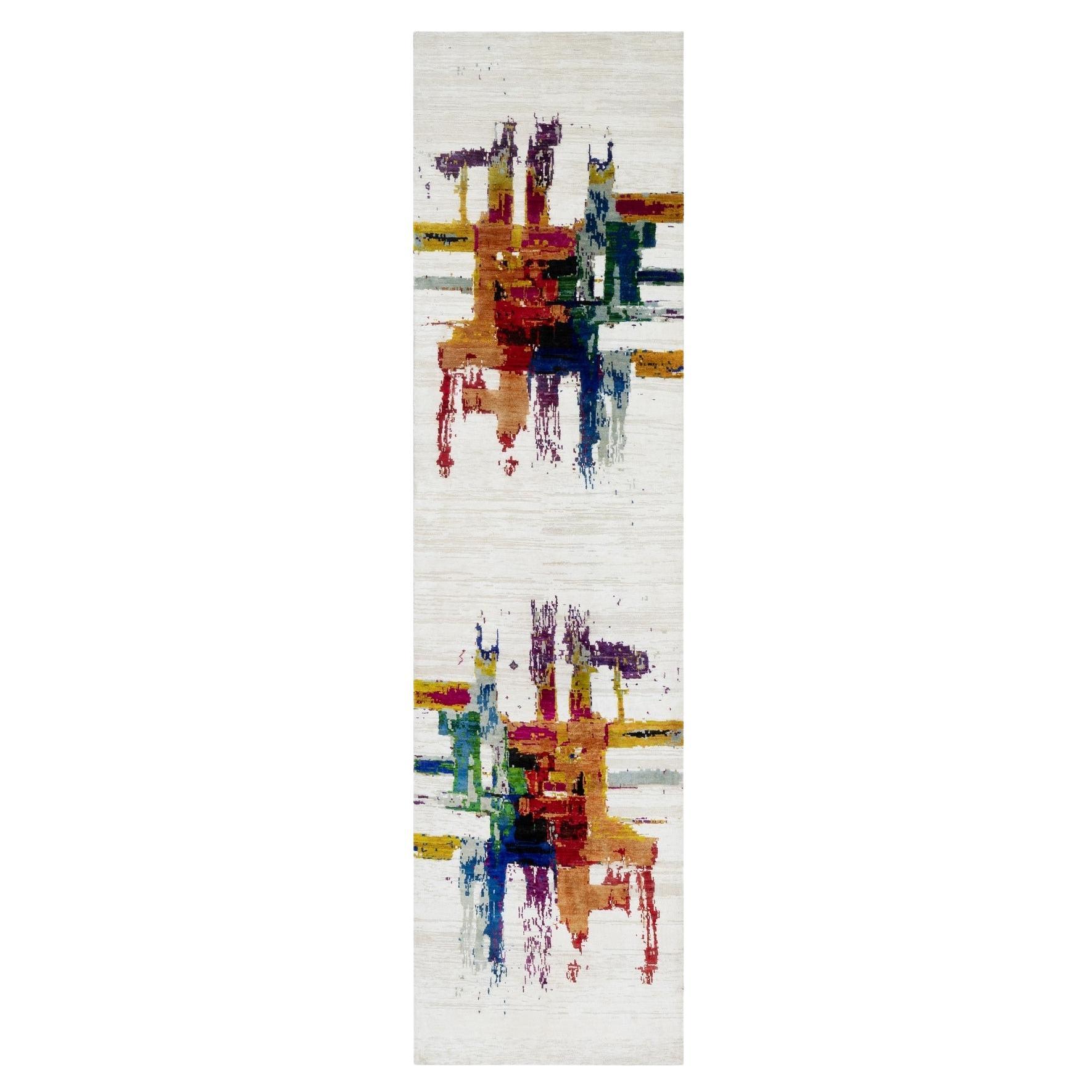 2'6 "x9'10" Marfil Motivos Abstractos Alfombra de Lana y Seda Sari Anudada a Mano en venta