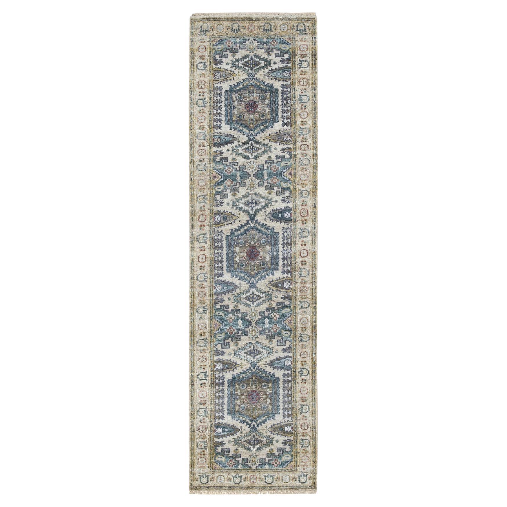 2'6"x9'10" Ivory Hand Knotted Reimagined Viss Design Runner Oriental Rug
