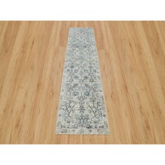 2'6"x9'10" Ivory Silk and Wool Hand Knotted Tebraz Vase Design Runner Rug