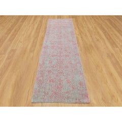 2'6"x9'10" Pink Erased Persian Design Wool and Art Silk Hand Loomed Jacquard Rug