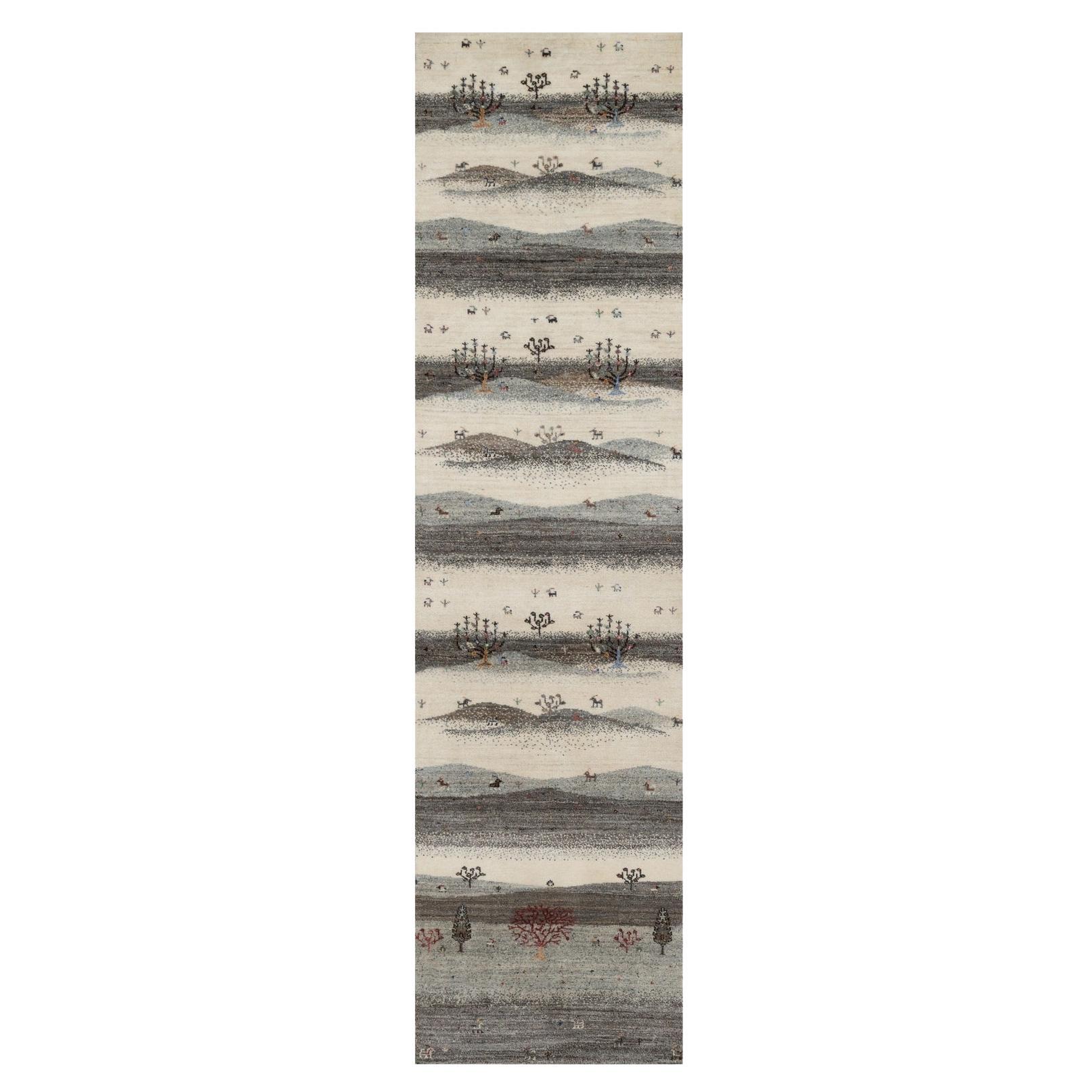 Lori Buft moderne blanc 2'6"x9'10"  Figurines d'animaux Tapis de course en laine nouée à la main