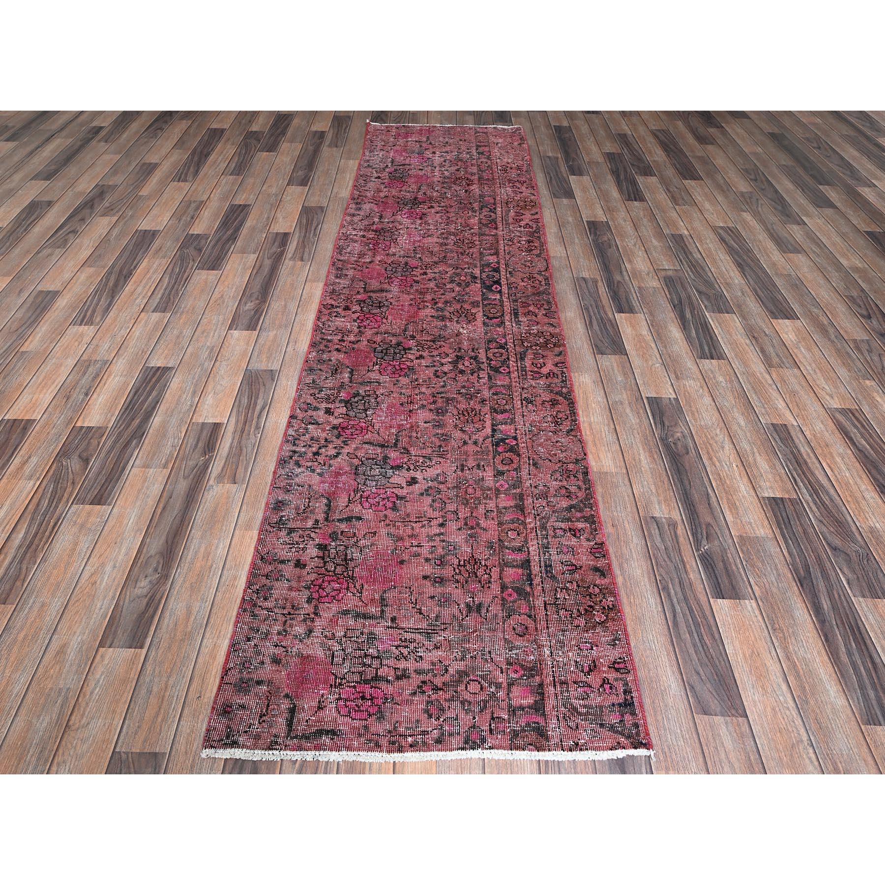 Rose Pink, Overdyed Vintage Persian Tabriz, Sheared Low, Zero Pile, Distressed and Worn, Sides and Ends Professionally Secured, Hand Knotted, Pure Wool, Fragment Runner, Oriental Rug
Primary materials: Wool
Latex: No Pile 
height: 0.25 Inches
Style: