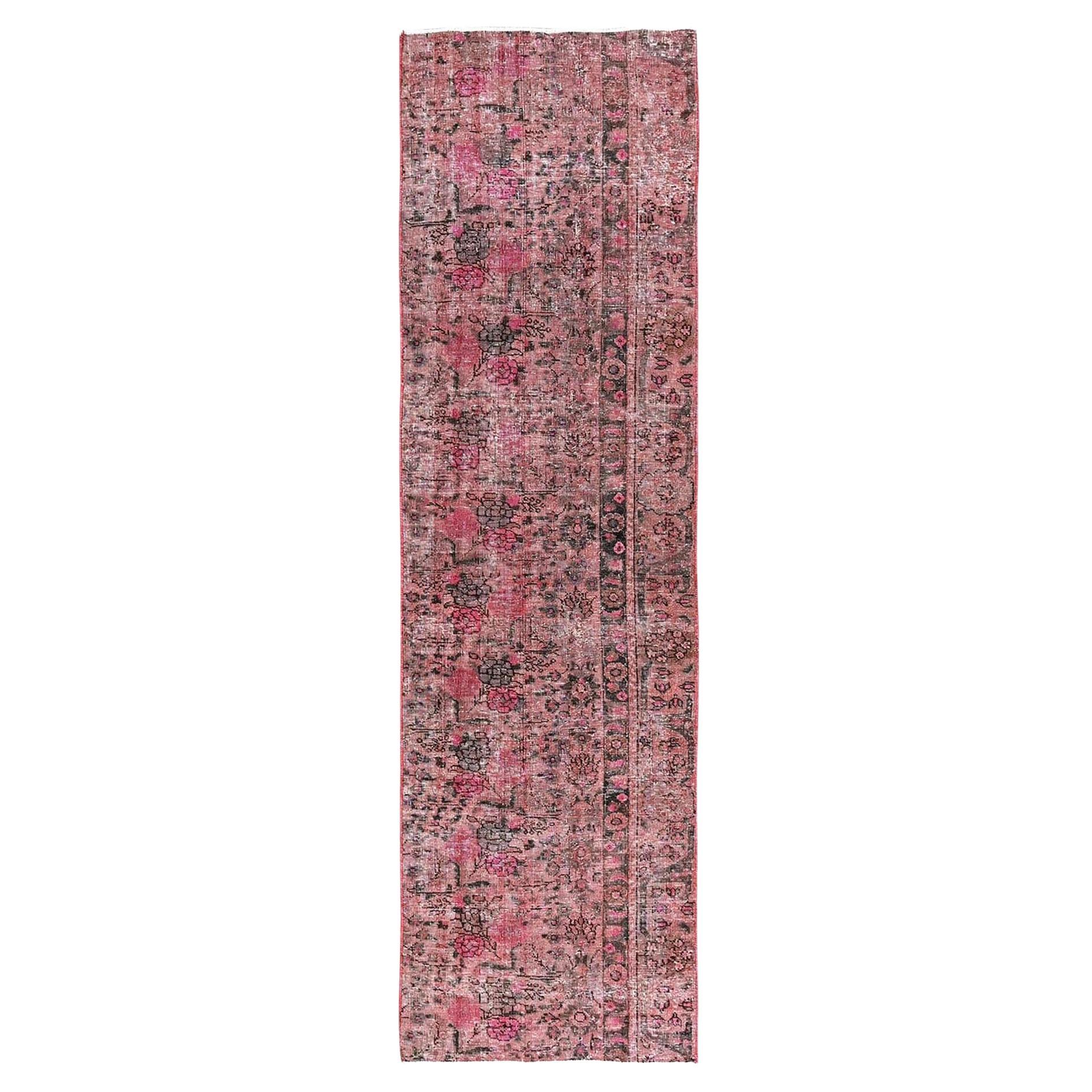 2'6"x9'3" Rose Pink Overdyed Vintage Persian Tabriz Hand Knotted Wool Runner Rug