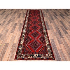 2'6"x9'5" Red New Persian Hamadan Hand Knotted Soft Wool Full Pile Runner Rug