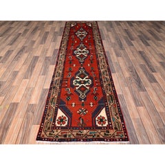 2'6"x9'6" Crimson Red Pure Wool New Persian Hamadan Hand Knotted Wool Runner Rug