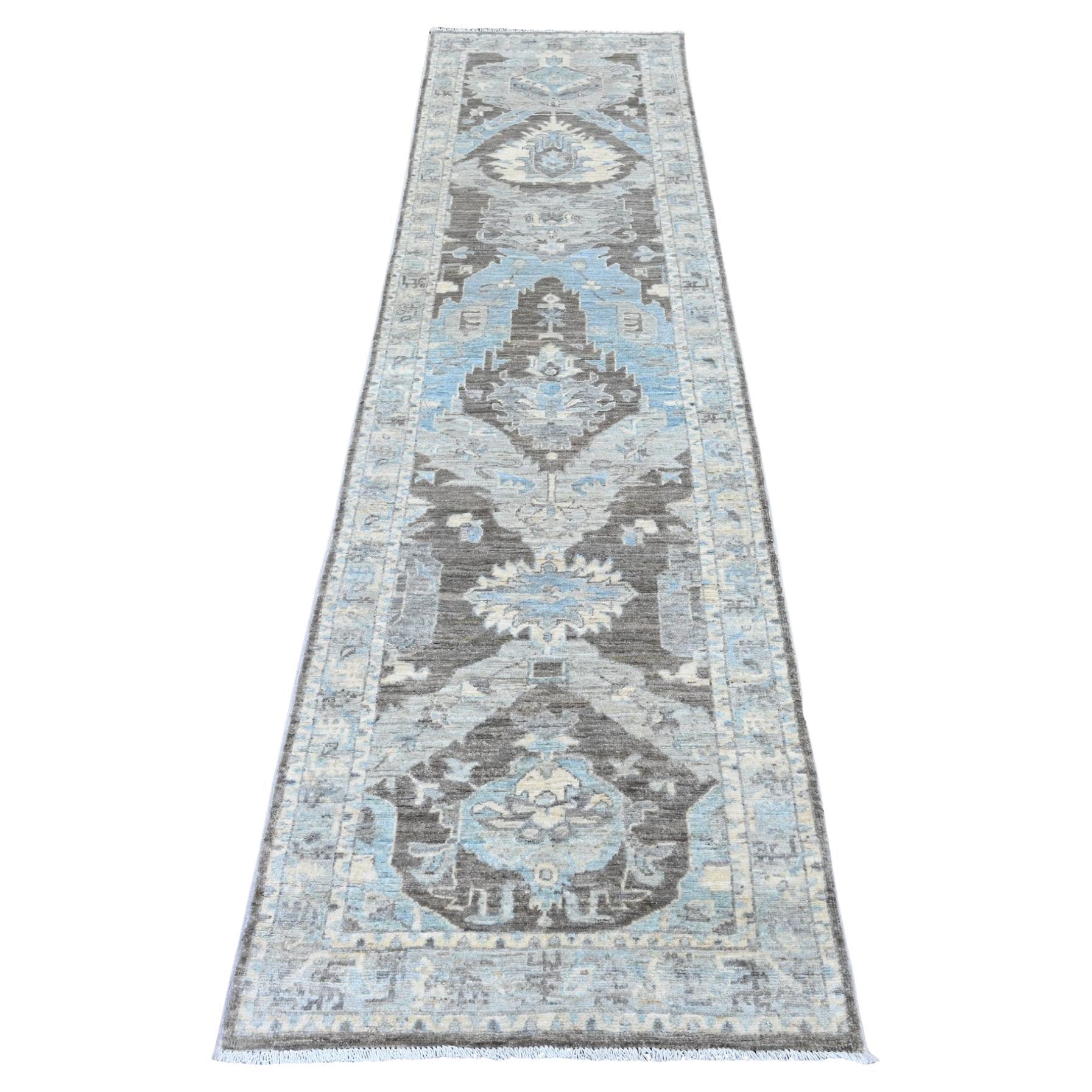 2'6"x9'7" Esche Grau Ziegler Mahal Drache Design Handgeknüpfter Läufer aus reiner Wolle