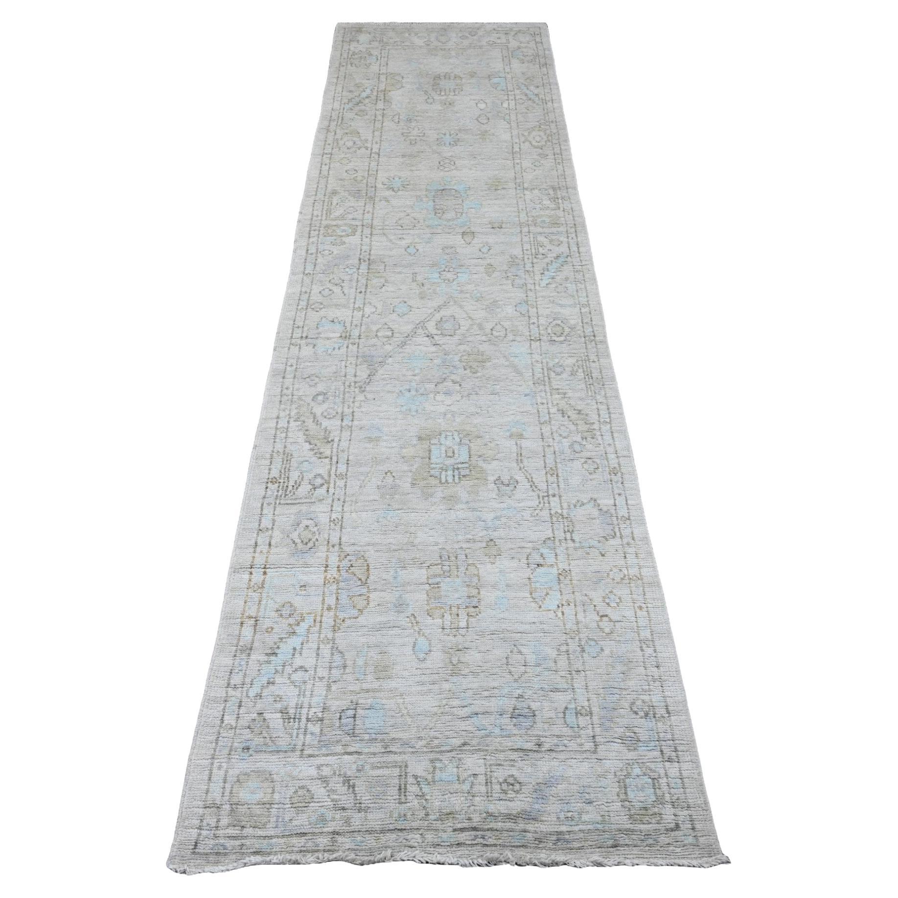 2'6"x9'7" Gray Afghan Angora Oushak All Over Design Hand Knotted Wool Runner Rug