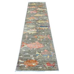 2'6"x9'7" Gray Afghan Peshawar Oceanic Fish Design Hand Knotted Wool Runner Rug
