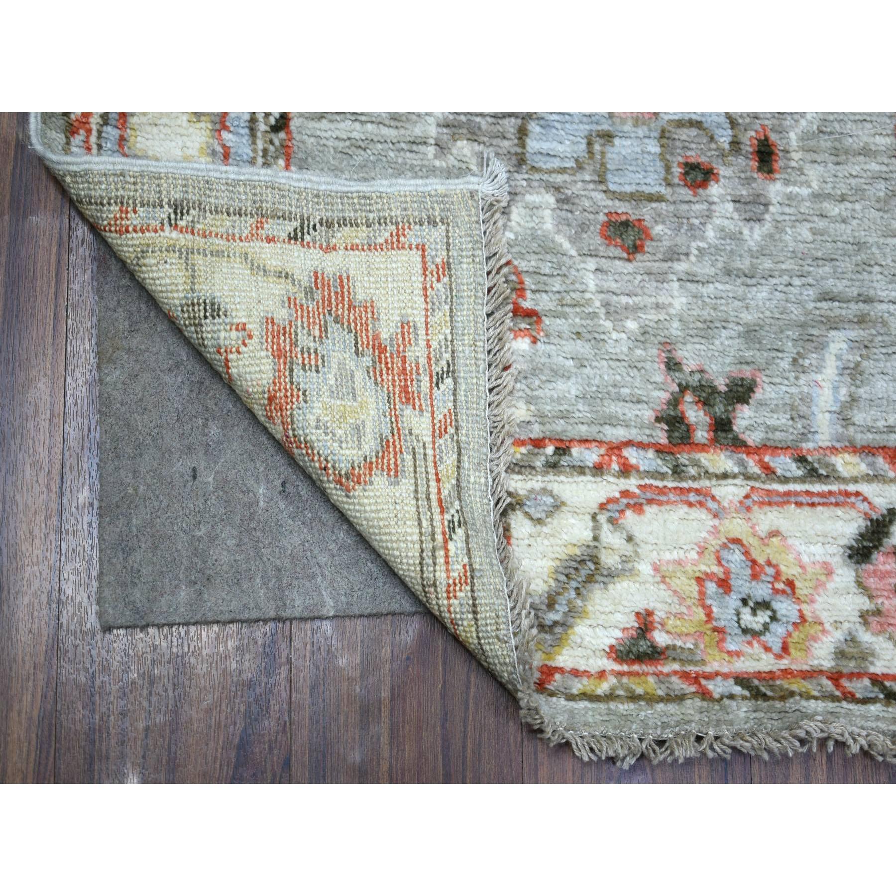 This is a truly genuine one-of-a-kind Gray, Afghan Angora Oushak  with Pop of Colors, Hand Knotted, Extra Soft Wool Runner Oriental Rug. It has been Knotted for months and months in the centuries-old weaving craftsmanship techniques by expert