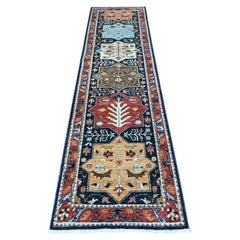 2'6"x9'8" Blue Caucasian Akstafa Design Hand Knotted Wool Runner Oriental Rug