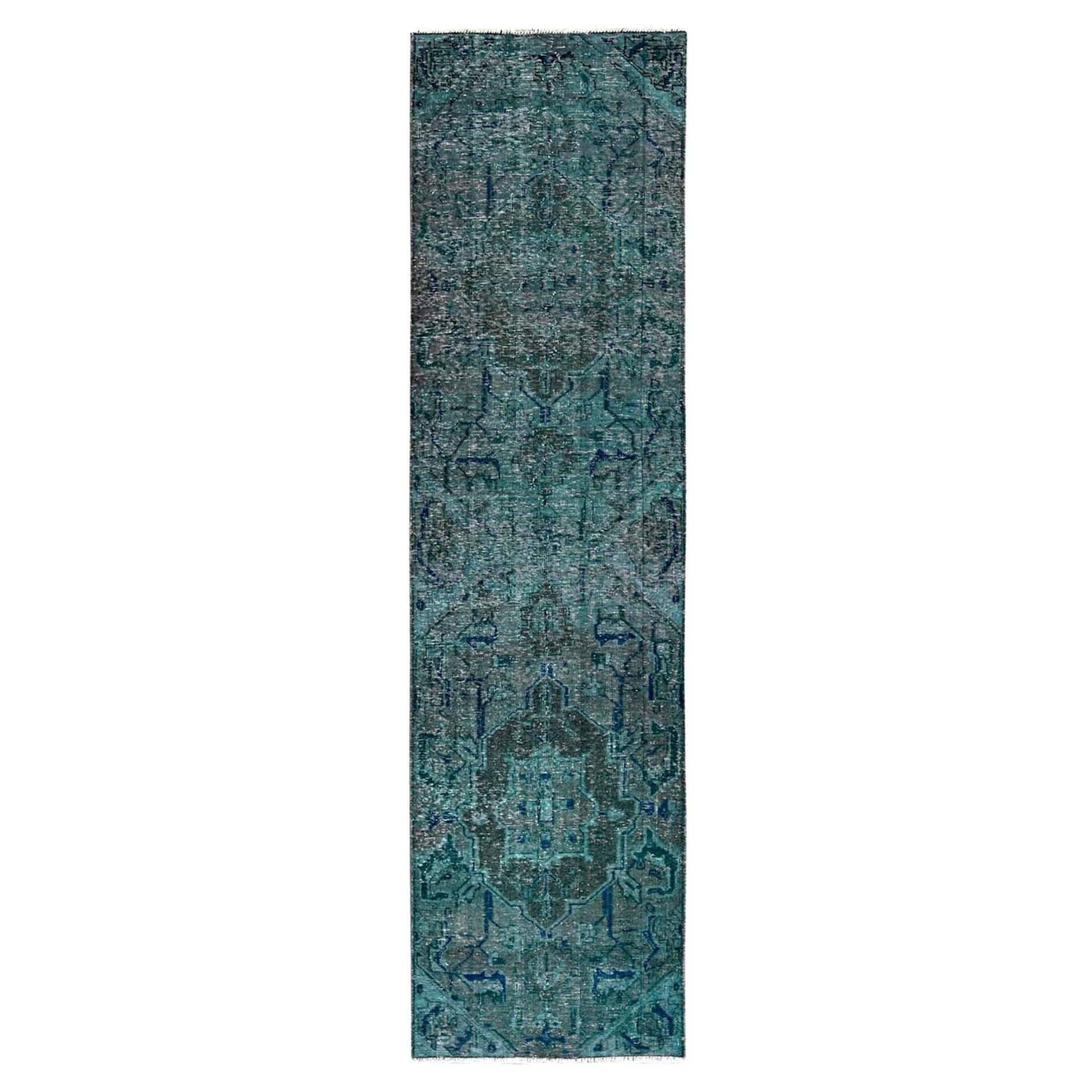 2'6 "x9'8" Overdyed Green Vintage Persian Tabriz Hand Knotted All Wool Runner Rugs (Tappeto da corsa in lana)