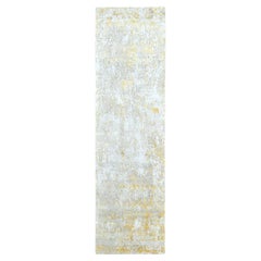 2'6"x9'9" Beige with Gold Abstract Design Wool and Silk Hi-Low Pile Runner Rug