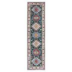 2'6 "x9'9" Kazak verde con design a medaglioni Tappeto Runner in morbida lana annodata a mano