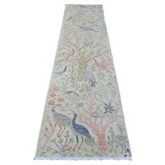 2'6"x9'9" Green Peshawar Birds of Paradise Design Hand Knotted Wool Runner Rug