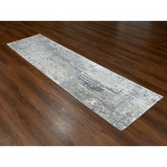 2'6"x9'9" Lava Gray Wool and Silk Hand Knotted Abstract Design Runner Rug