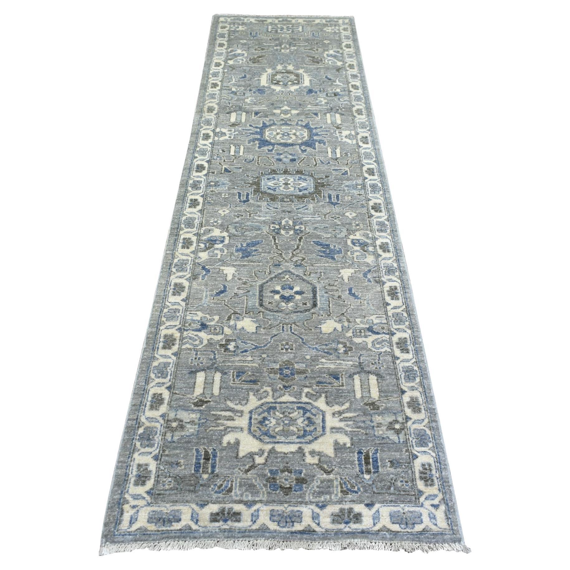 2'6"x9'9" Light Gray Pure Wool Hand Knotted Fine Peshawar Runner Oriental Rug