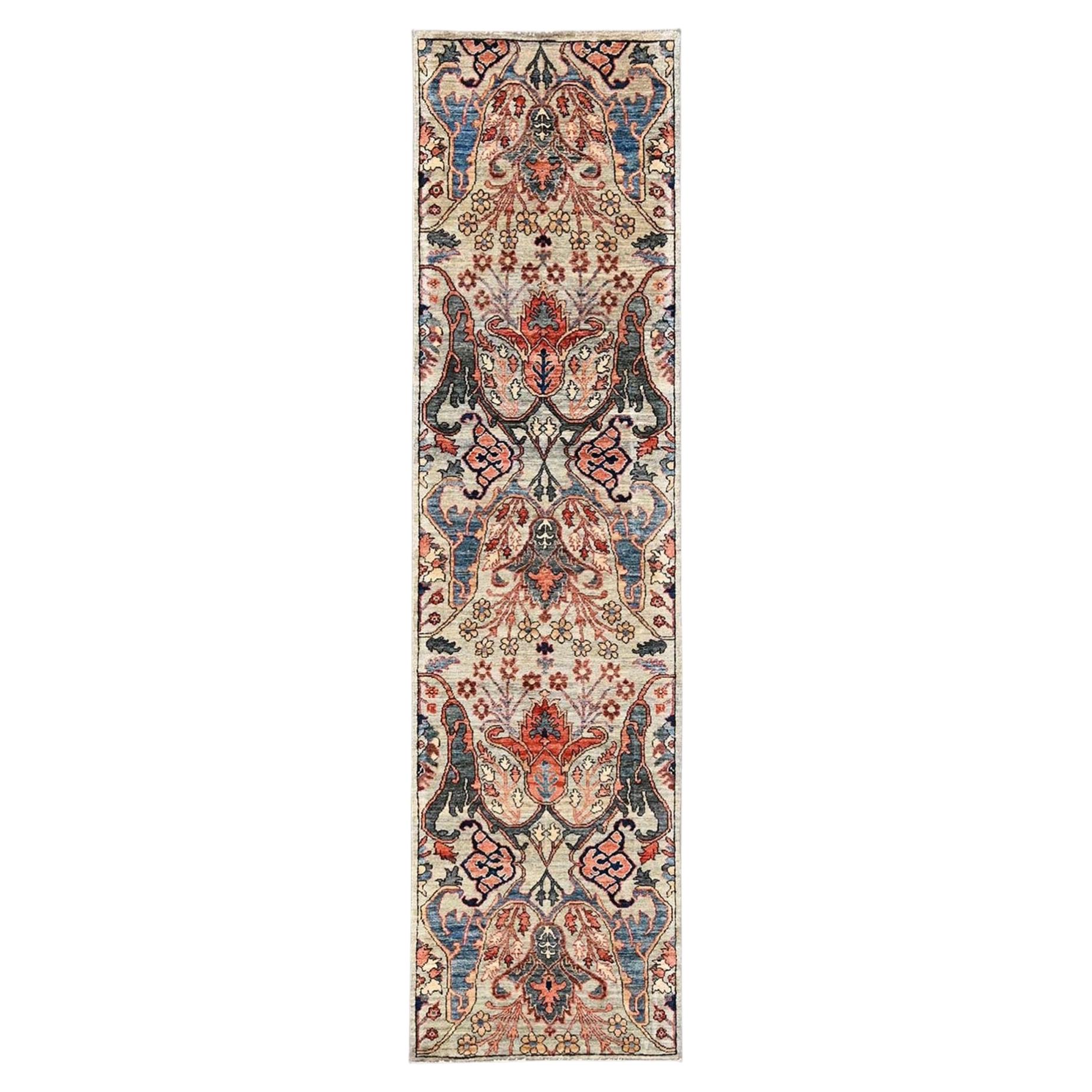 2'6"x9'9" Light Green Bijar Garus Design Hand Knotted Soft Wool Runner Rug
