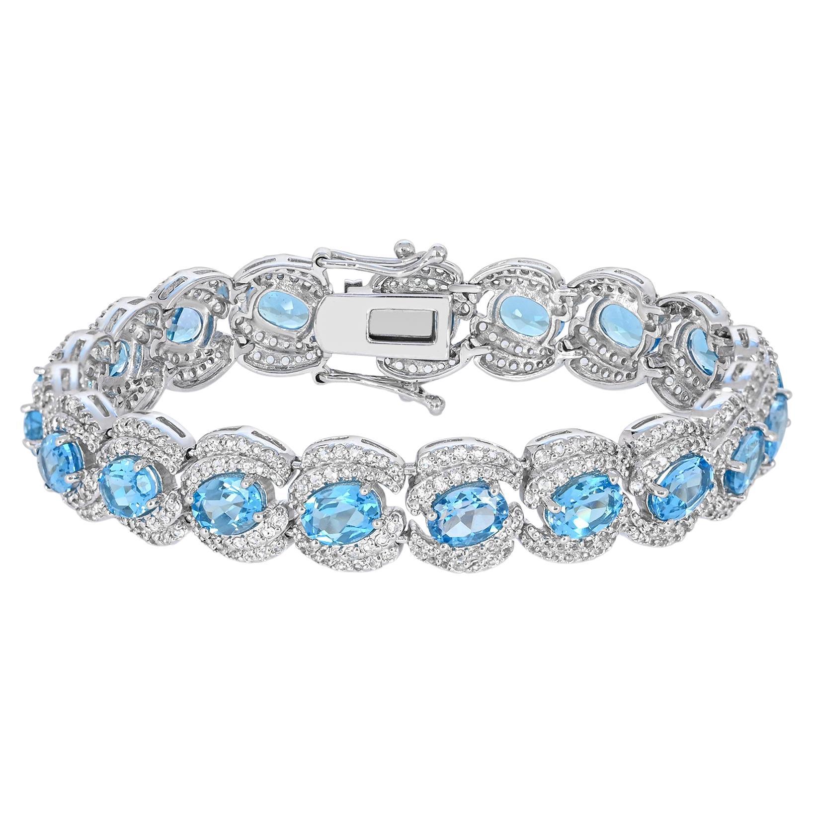 Bracelet en argent sterling avec topaze bleue suisse ovale de 27,1/3 carats et topaze blanche