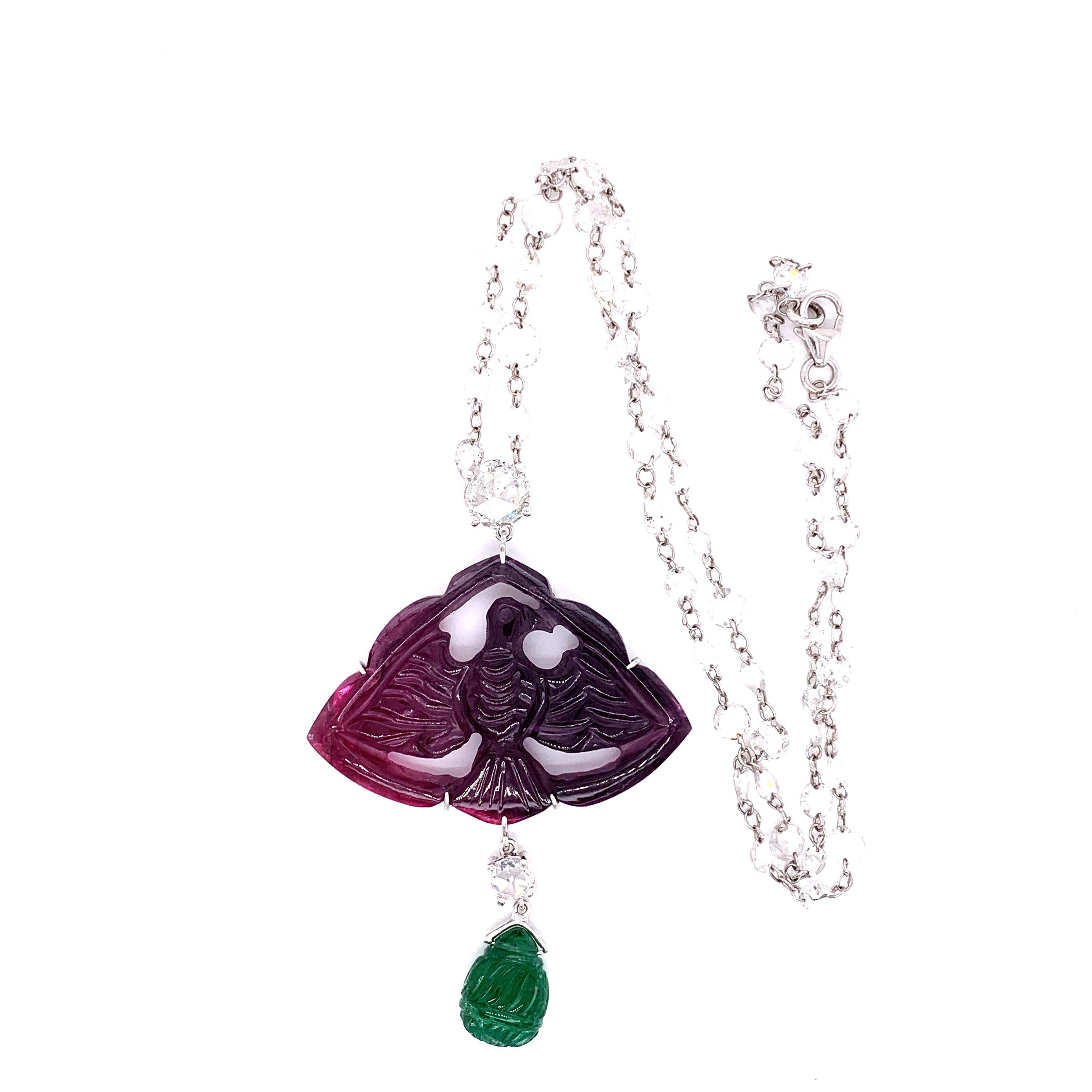 Mixed Cut 27 Carat Carved Mughal Tourmaline, Emerald, and White Diamond Gold Necklace 