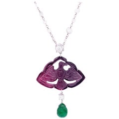 27 Carat Carved Mughal Tourmaline, Emerald, and White Diamond Gold Necklace 