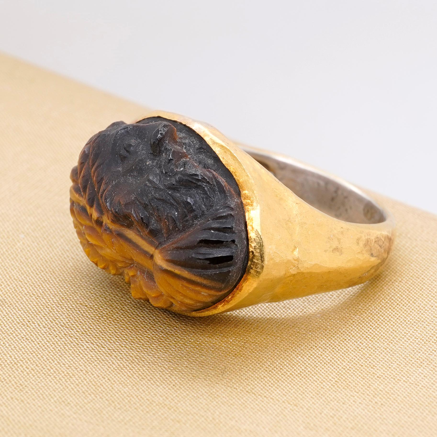 27 Carat Carved Zeus Face Tiger's Eye Statement Ring, 24k Yellow Gold & Sterling 3