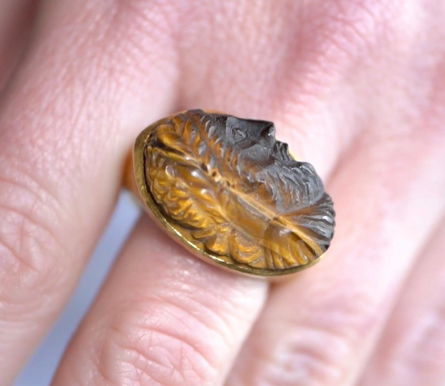 ZEUS God of the Sky and Thunder, Zeus, the ruler of Mount Olympus, Tiger's Eye Carving Statement Ring by Prehistoric Works of Istanbul, Turkey

Statement Ring
Large, Carved Tiger’s eye - 27ct
24K Gold - 2.40 grams
Sterling 925 - 6.75 grams
