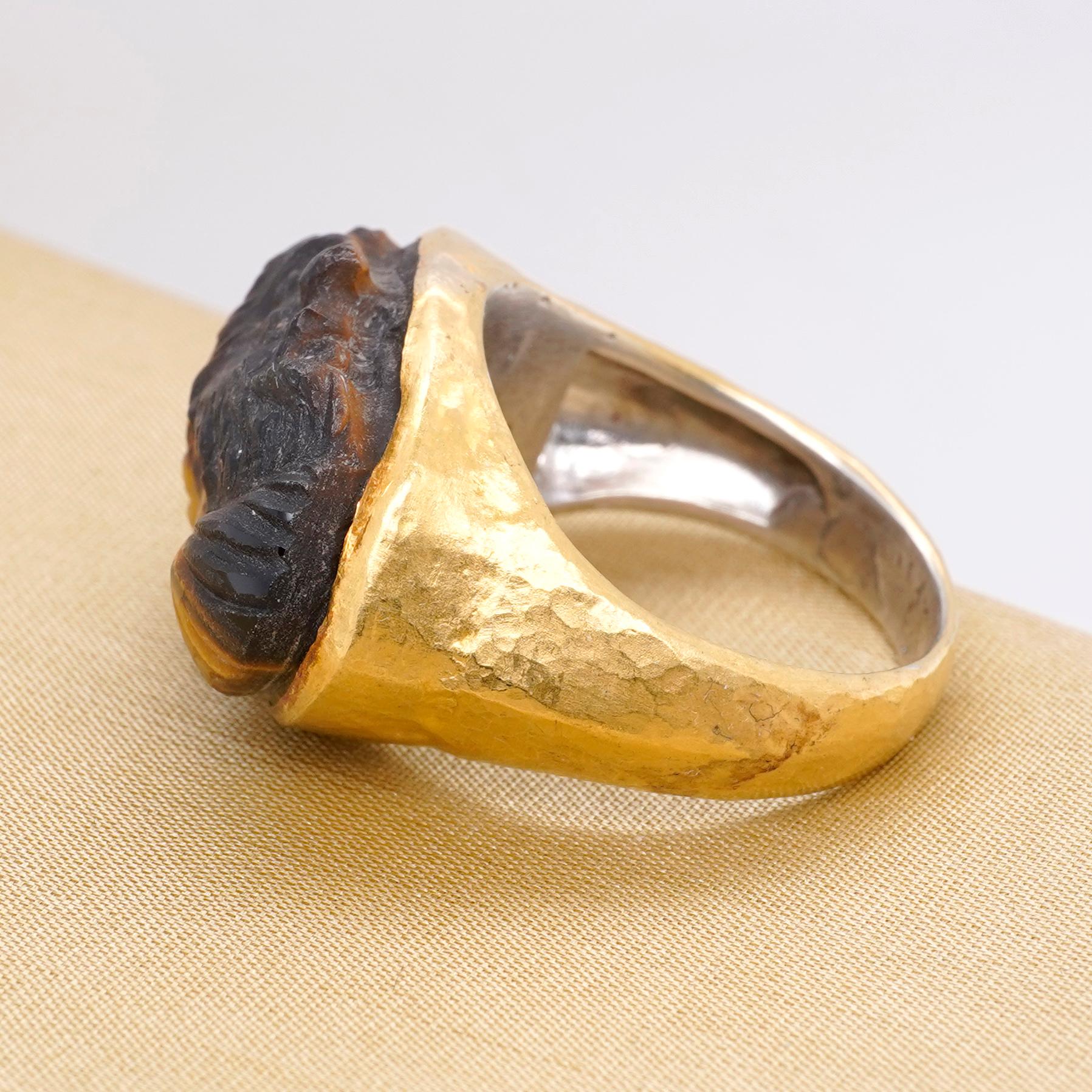 Artisan 27 Carat Carved Zeus Face Tiger's Eye Statement Ring, 24k Yellow Gold & Sterling