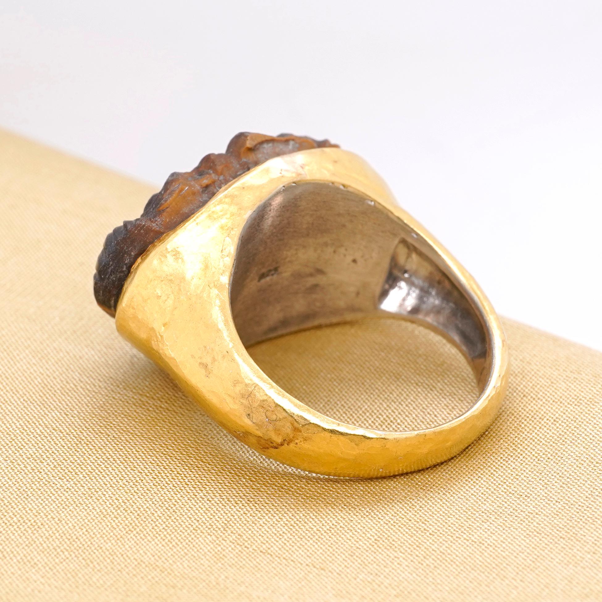 Oval Cut 27 Carat Carved Zeus Face Tiger's Eye Statement Ring, 24k Yellow Gold & Sterling